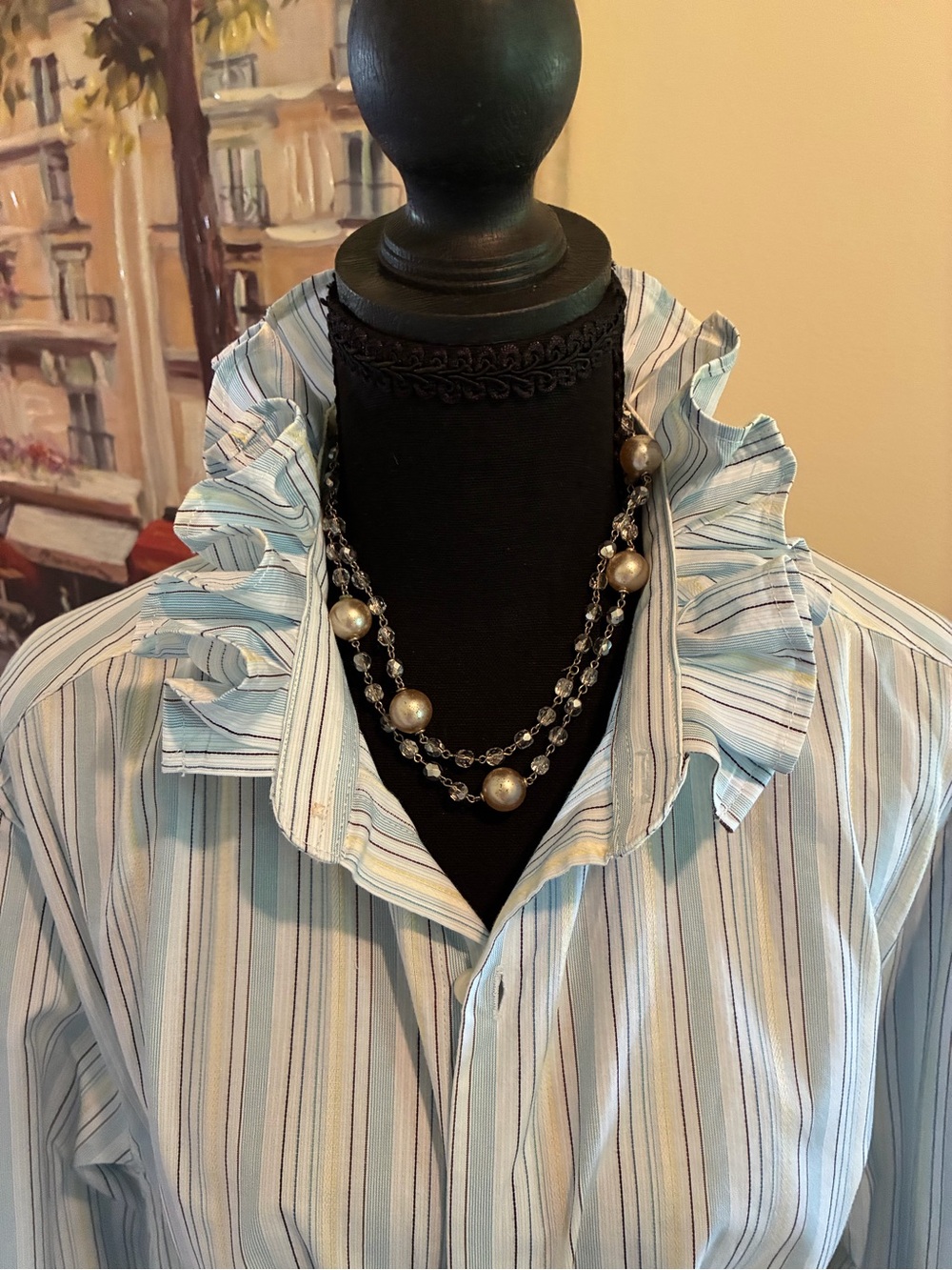Perry Ellis Light Blue and White Striped Ruffle Collar Button-Front Shirt - Picture 2 of 6